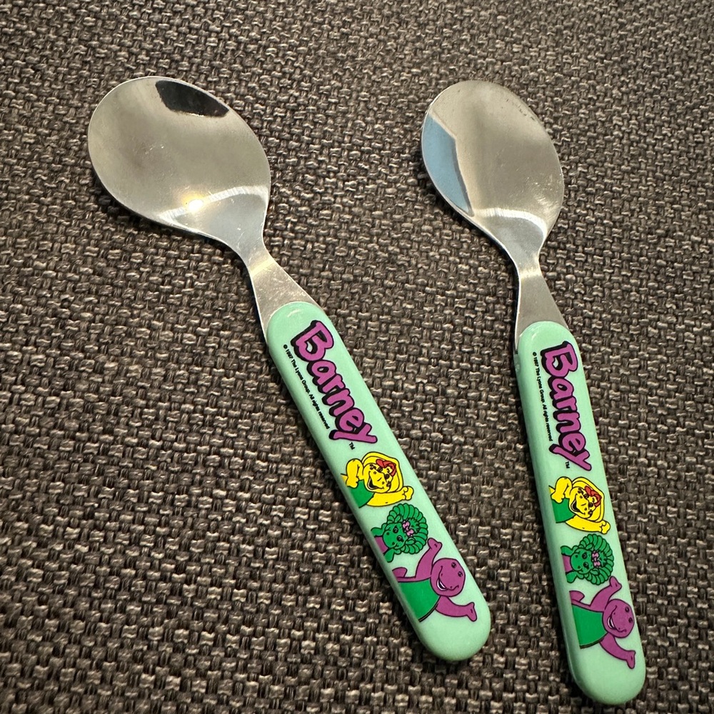Vintage Barney Kids Spoons with Green Handles (2 available)